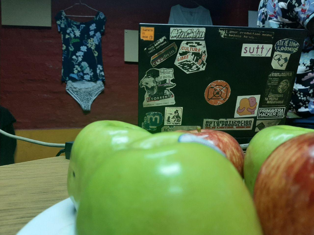 Manzanas, stickers en la compu y de fondo, la exposición del CC Tierra violeta